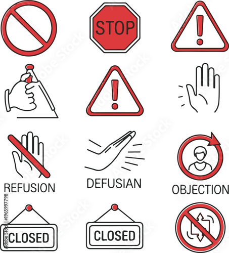 Set of stop and refusal icons with warning signs, closed door hanging boards, and hand gestures in flat line style