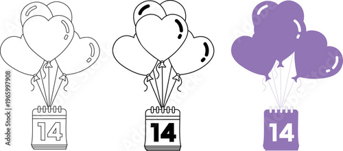February 14 calendar with heart balloons set, Valentine's Day date concept vector, minimalist line art and purple flat style illustrations.