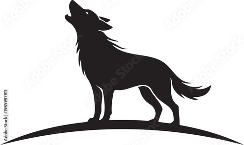 Wolf howling silhouette on hill, wild animal nature concept, black vector icon isolated on white background.