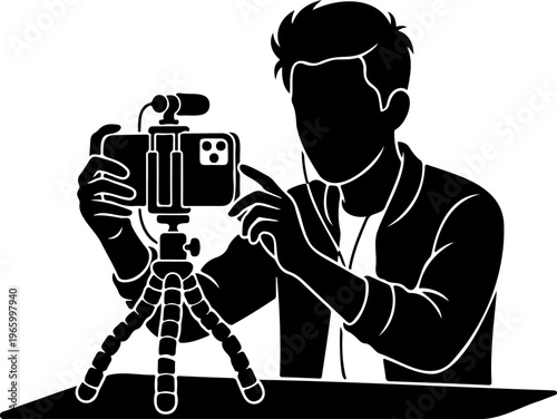 Content creator silhouette recording video with smartphone on tripod, vlogger using mobile phone with microphone for social media, digital marketing concept.