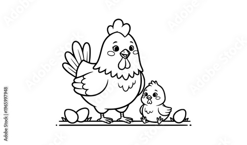 chicken, hen, chick, bird, animal, farm, poultry, cute, cartoon, coloring, page, outline, lineart, kids, children, education, activity, printable, simple, drawing, black, white, learning, preschool, n