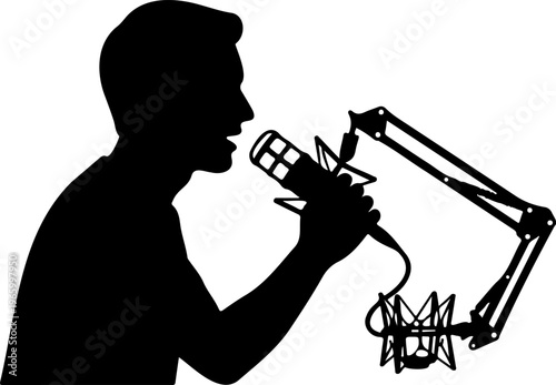 Podcaster silhouette speaking into professional studio microphone on boom arm, radio host or voiceover artist recording audio, podcasting concept vector.