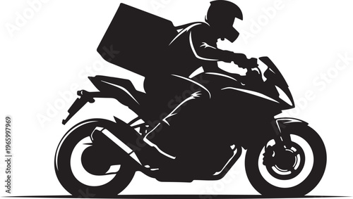 Motorcycle delivery courier silhouette with cargo box, fast food and parcel shipping concept, biker riding motorbike for express logistics vector illustration.