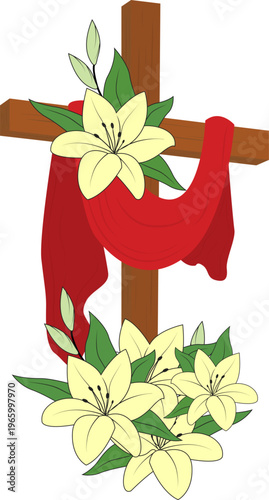 Good friday. Cross religious symbol. Crucifixion and resurrection Jesus Christ. Cross with lilies.