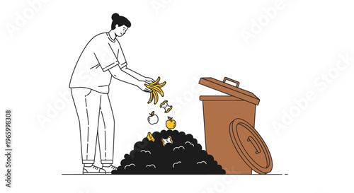 Minimalist line art illustration of woman composting organic food waste, sustainable lifestyle and zero waste concept, eco friendly gardening vector