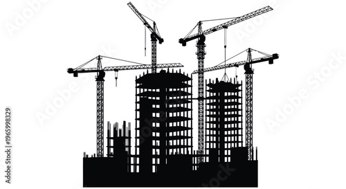 A striking black silhouette depicts a construction site with cranes and partially built skyscrapers representing urban development silhouette high quality professional