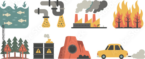 Environmental pollution icons set with water contamination factory emissions wildfire deforestation toxic waste car exhaust and industrial ecological damage illustration
