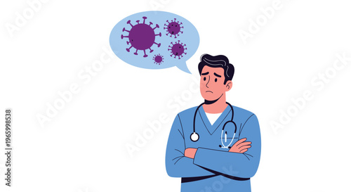 Concerned male doctor with a stethoscope around his neck looks at a thought bubble filled with virus or bacteria icons.