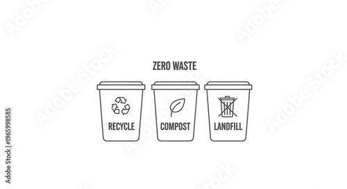 Zero waste recycling bin icons, minimalist line art waste management set, compost and landfill sorting containers for environmental sustainability