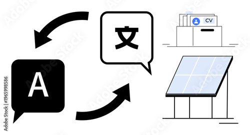 Language translation concept. language translation with speech bubbles, data organization with a CV file, and renewable energy through solar panels. For education, technology, renewable resources