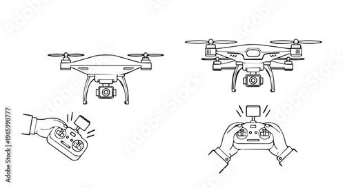 Drones and Remote Controls: Line Art Illustration