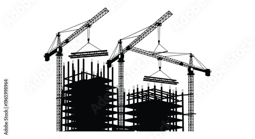 Construction site with multiple cranes and a building under construction depicted in a striking black silhouette high quality professional detailed modern