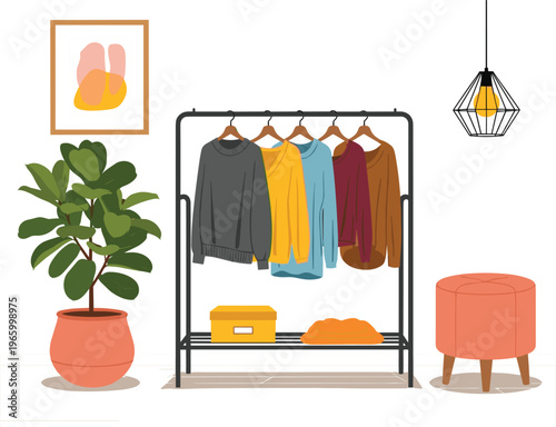 Modern Interior Living Room Scene Featuring Clothing Rack With Sweaters Potted Plant Ottoman And Geometric Pendant Lamp.eps
