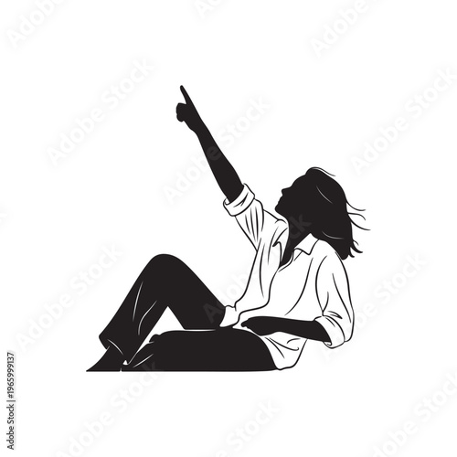 Silhouette of a Woman in a White Shirt Pointing Upwards on White Background