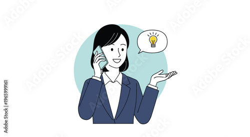 Businesswoman talking on her smartphone with a lightbulb idea bubble appearing next to her against a circular teal background.