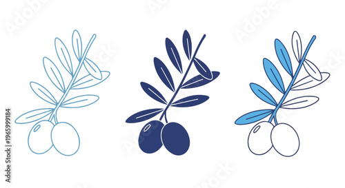 Minimalist illustrations of olive branches with olives in blue and white hues on a white background.