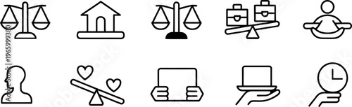 A collection of conceptual line art icons representing balance fairness and important life decisions