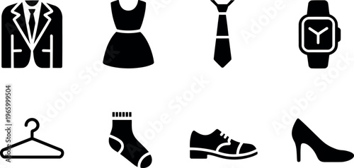 Collection of diverse clothing and accessory icons isolated on a transparent background representing fashion elements