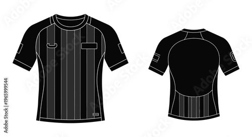 A black and white illustration of a referee jersey presenting front and back views in stark silhouette high quality professional detailed