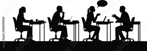 Business meeting silhouettes with speech bubble with silhouettes of four people in