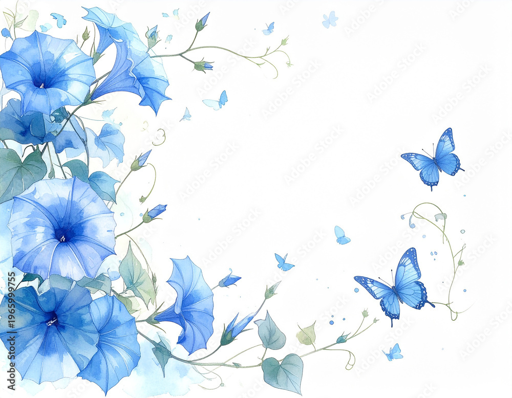 Fototapeta premium Blue morning glory flowers and butterflies, watercolor illustration for spring and summer decoration