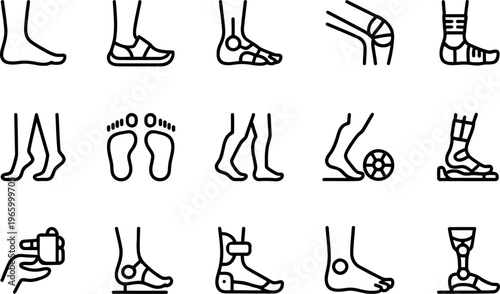 Collection of medical icons representing human feet legs and orthopedic devices for health care illustrations