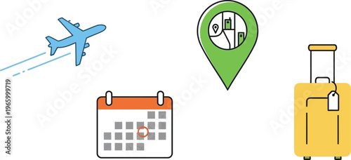 Travel icons: airplane, calendar, map pin, and luggage