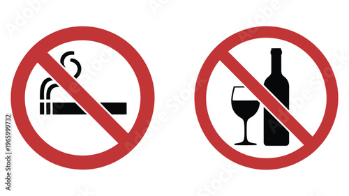 No smoking and no alcohol signs, prohibition symbols set with cigarette and drink icons crossed out, health awareness concept