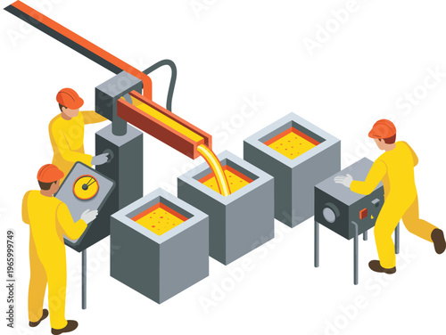 Industrial metal casting process illustration with workers operating furnace, molten steel pouring and manufacturing production line isolated vector design