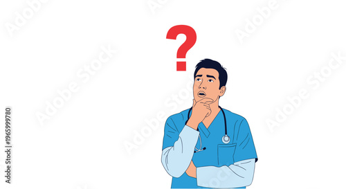 Male medical professional in blue scrubs looks up thoughtfully with a large red question mark hovering over his head.