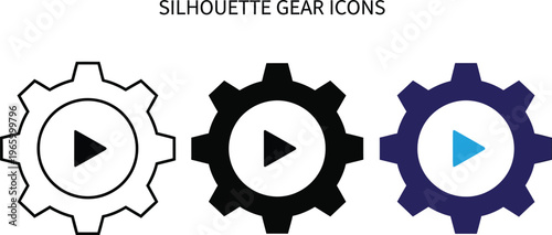 Gear icons with play button symbols, graphic illustration, three gear icons, each