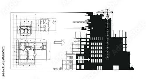 Architectural design transforms from blueprint to a striking black silhouette of a building under construction high quality professional detailed modern elegant