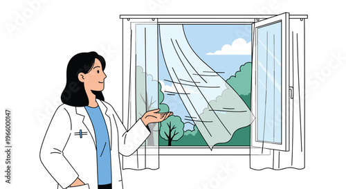 Female doctor in a white lab coat stands by an open window with curtains blowing in the breeze to promote ventilation.