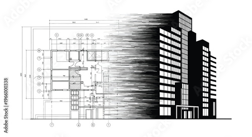 Architectural plans transition into a modern building s dark silhouette showcasing design and structural elements high quality professional detailed elegant stylish clean