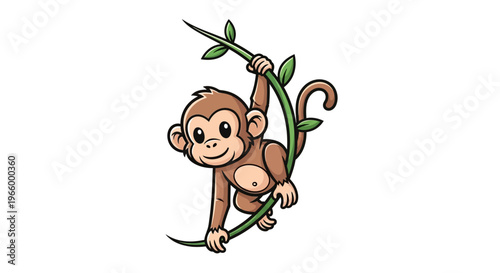 Cartoon monkey hanging from branch.