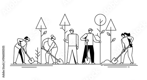 Minimalist line art of people planting trees, community reforestation project vector, volunteers gardening and digging with shovels for environmental conservation