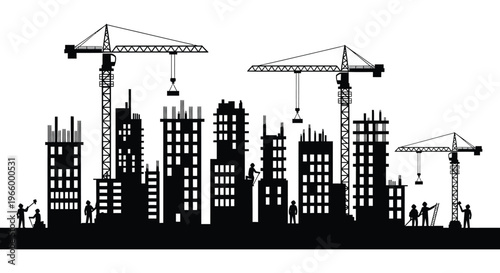 A stark black cityscape featuring multiple cranes and construction workers presented as a dramatic silhouette high quality professional detailed modern elegant