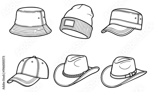 Outline icon set of 6 hats featuring bucket hat, beanie, military cap, baseball cap and cowboy styles for fashion design