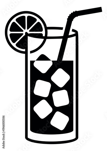 Silhouette illustration of iced drink depicting tall glass with lemon slice and straw for food and beverage design