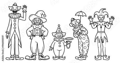 Outline icon set of 5 circus clowns featuring jester, performer and entertainer characters for carnival and party design