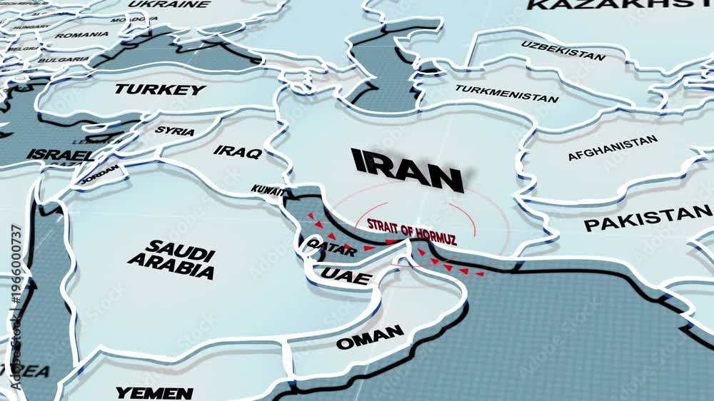 A 3D world map highlights Strait of Hormuz, and Iran, the Middle East ...