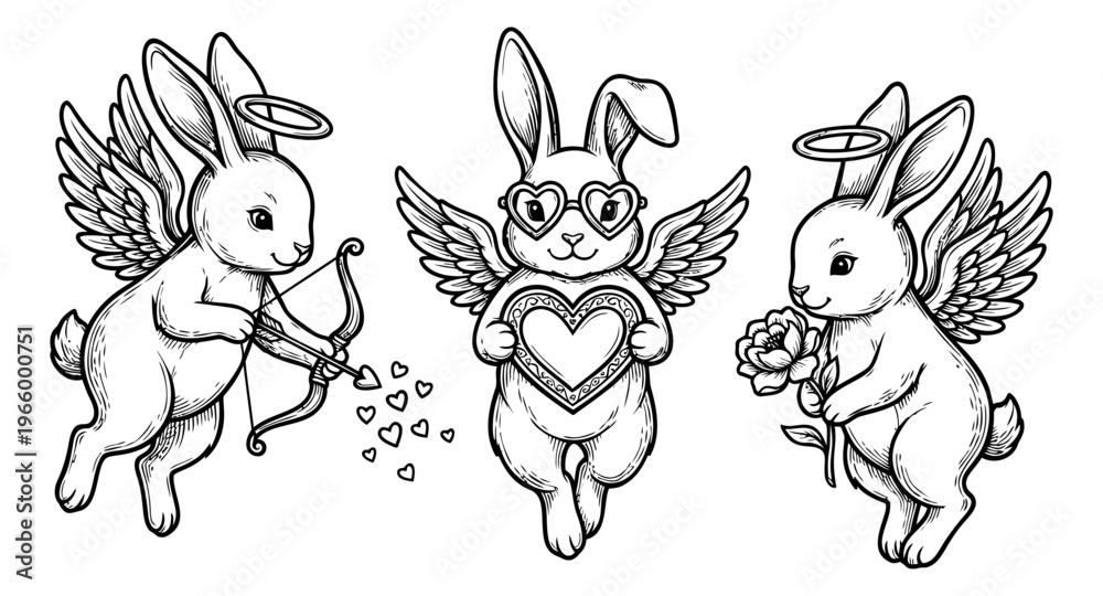 Fototapeta premium Outline illustration set of 3 angel bunny characters featuring wings, halo, bow and arrow, heart, and rose for Valentine's day design