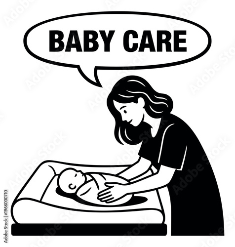 Cartoon illustration of mother caring for newborn depicting diaper changing and infant care for parenting and baby product design