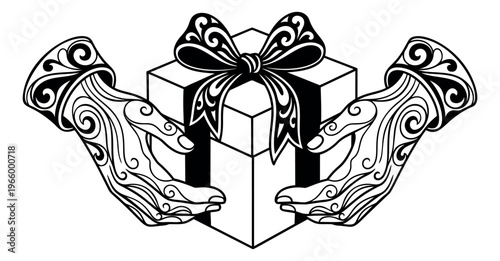 Ornate engraving illustration of decorative hands holding a gift box depicting giving and celebration for holiday design