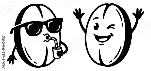Cartoon illustration of two coffee bean mascot characters depicting fun expressions and poses for cafe branding
