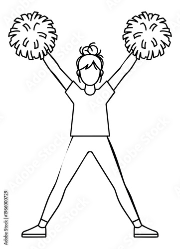 Outline illustration of a cheerleader depicting a victory pose with pom poms for sports and school design