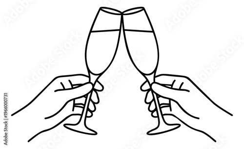 Line art illustration of two hands toasting champagne flutes depicting celebration cheers for party and event design