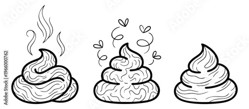 Outline icon set of 3 poop emoji symbols featuring smelly stinky and fresh doodle variations for humor and comic design