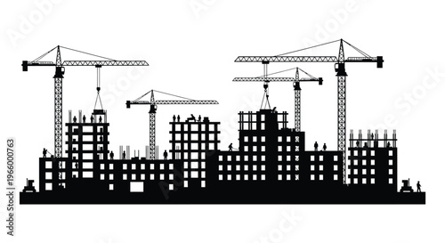 A stark black silhouette depicts a bustling construction site with multiple cranes and a developing building skyline silhouette high quality professional
