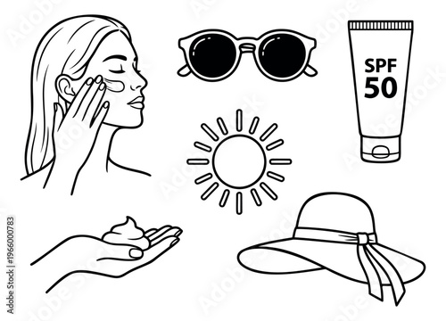 Line art icon set of 6 sun protection elements featuring sunscreen, sunglasses, hat and SPF cream for summer skincare design